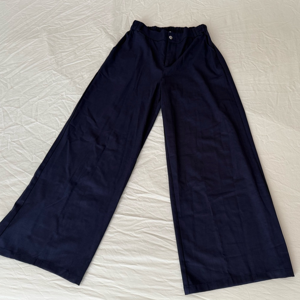 Navy Blue Wide-Leg linen-like Pant